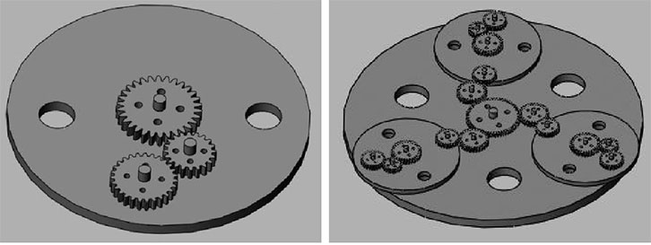 图四：小转盘中行星齿轮设计；图五：大转盘中齿轮传动设计