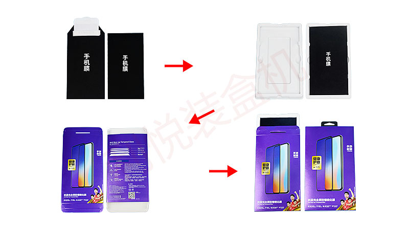 手机钢化膜自动装袋装盒生产线包装纸盒产品